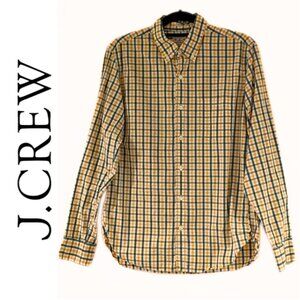 J Crew Slim Fit Long Sleeve Button Down, Green Yellow Plaid, Cotton, Size Medium
